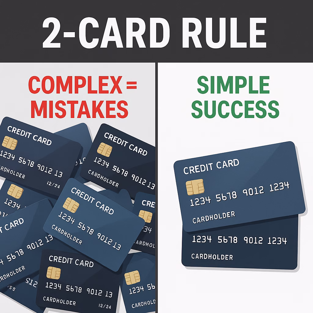 Stop overcomplicating credit cards. Learn the 2-card rule for maximum rewards with minimal complexity. Psychology-first approach that actually works.