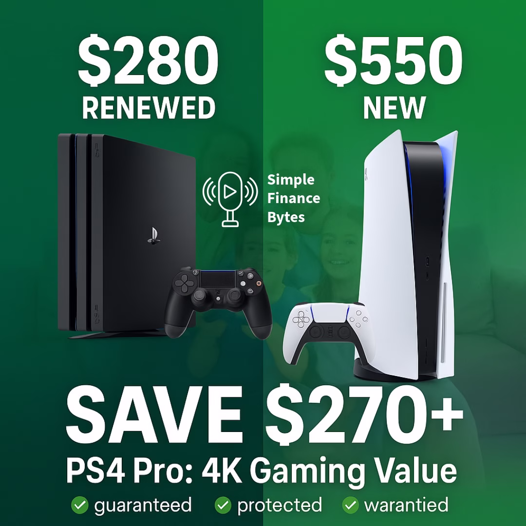 PS4 Pro used buying guide comparison - renewed vs new PS5 consoles showing savings - Simple Finance Bytes brand