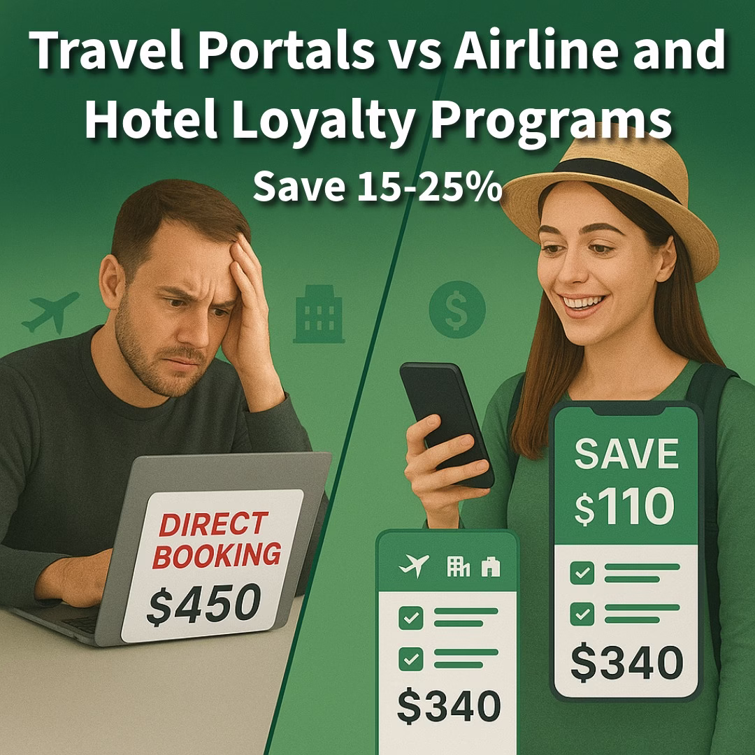 Stop chasing airline and hotel loyalty status. Travel portals vs loyalty programs: save 15-25% with flexible booking options.