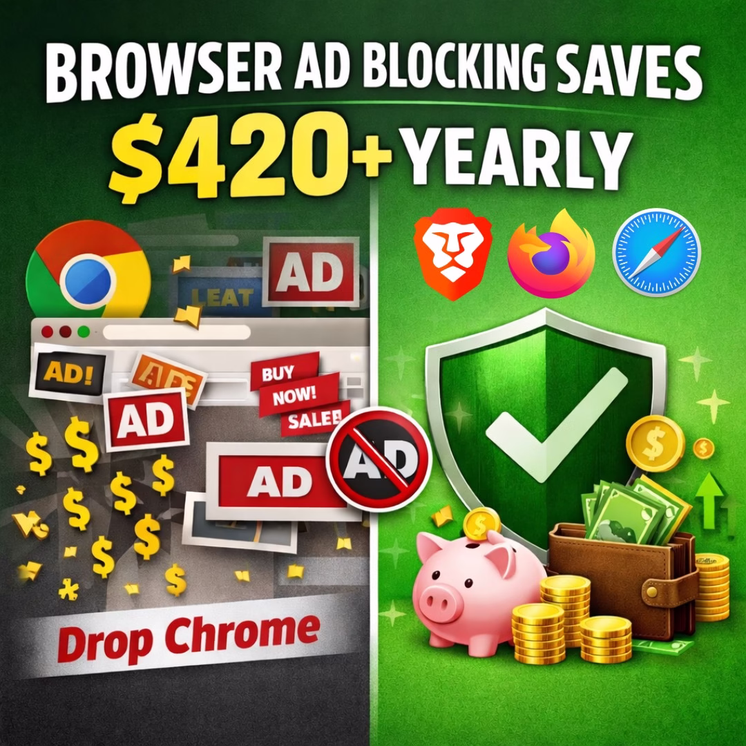 Browser ad blocking saves money on impulse buys. Chrome weakened blockers for profit. Switch to Brave, Firefox, or Safari and save hundreds.