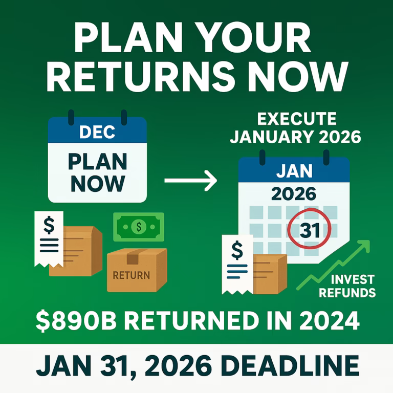 Returns strategy plan now saves money later. $890B returned annually. Most retailers extend to Jan 31, 2026. Plan before you forget.