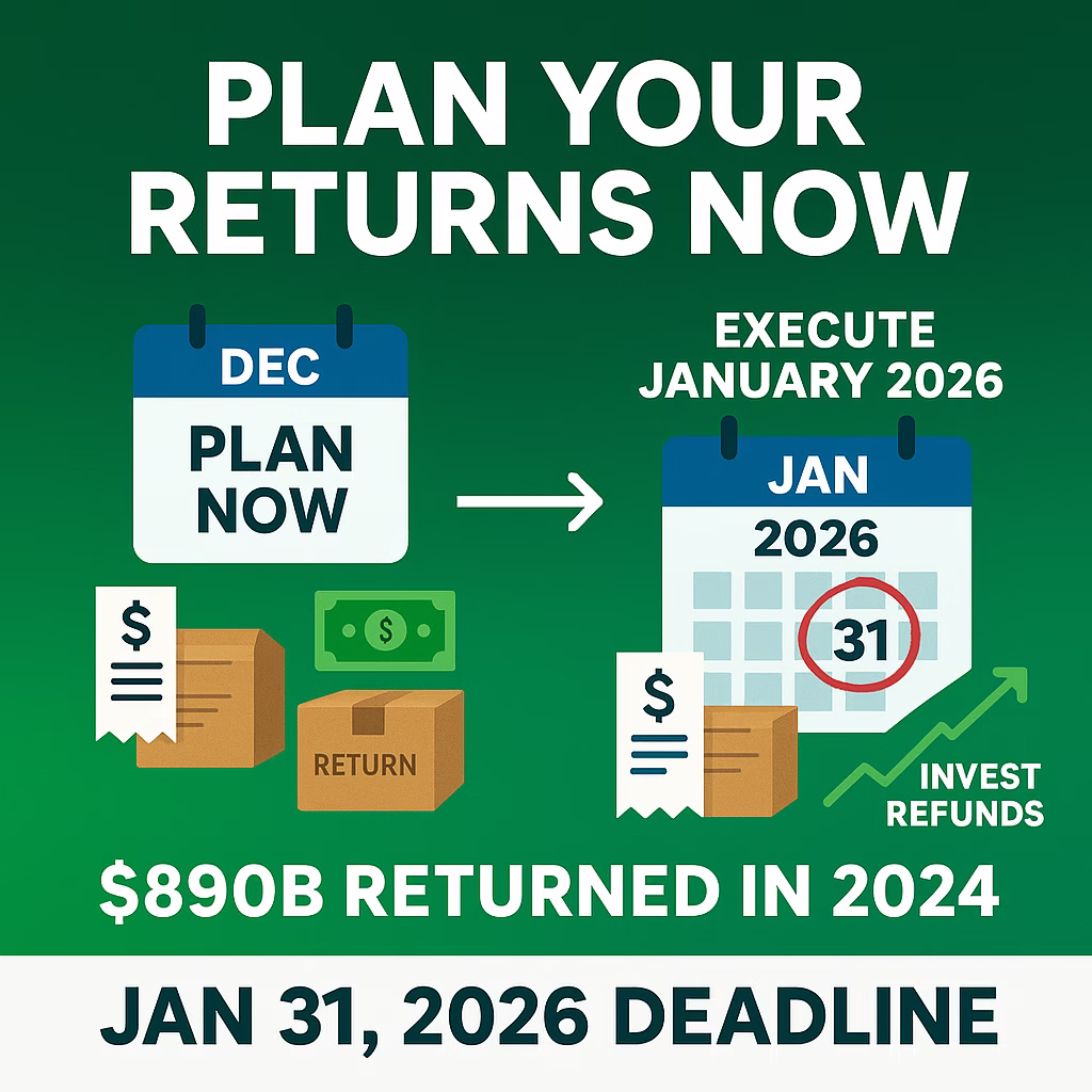 Returns strategy plan now saves money later. $890B returned annually. Most retailers extend to Jan 31, 2026. Plan before you forget.