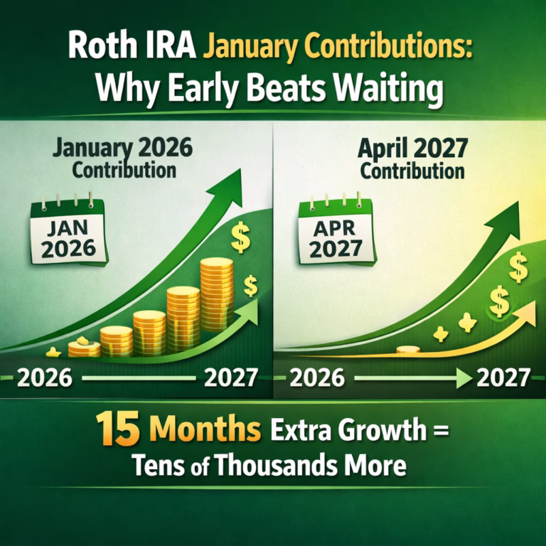 Roth IRA January contributions add 15 months of growth vs waiting until April 2027. Learn why timing your contribution matters for wealth.