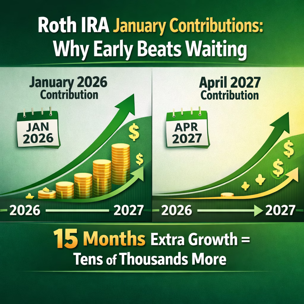 Roth IRA January contributions add 15 months of growth vs waiting until April 2027. Learn why timing your contribution matters for wealth.
