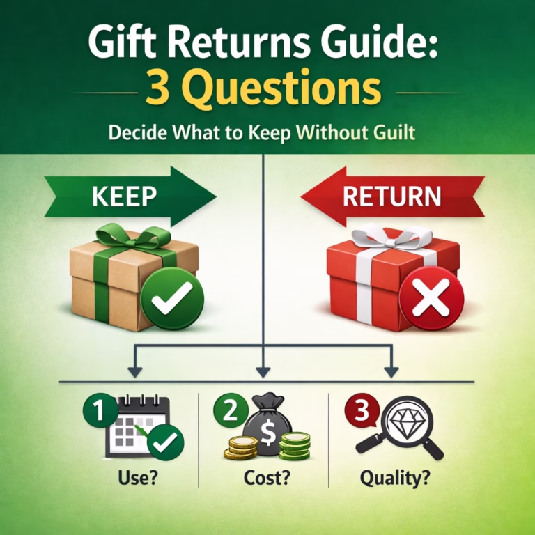 Gift returns simplified with 3-question framework. Avoid keeping clutter or returning items you'll rebuy. Amazon returns through January 2026.