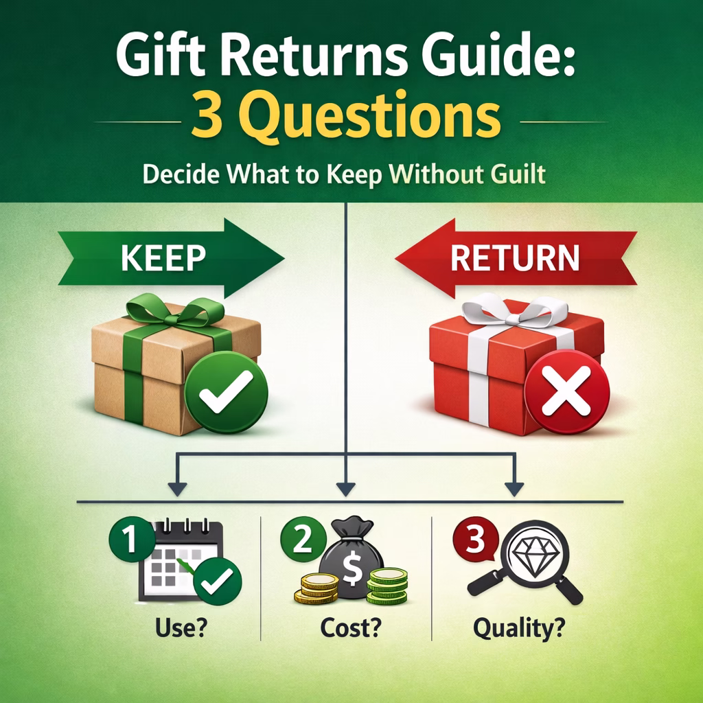 Gift returns simplified with 3-question framework. Avoid keeping clutter or returning items you'll rebuy. Amazon returns through January 2026.
