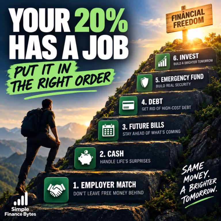 Use this savings priority order to decide what to fund first: employer match, cash reserves, future expenses, debt payoff, and investing.