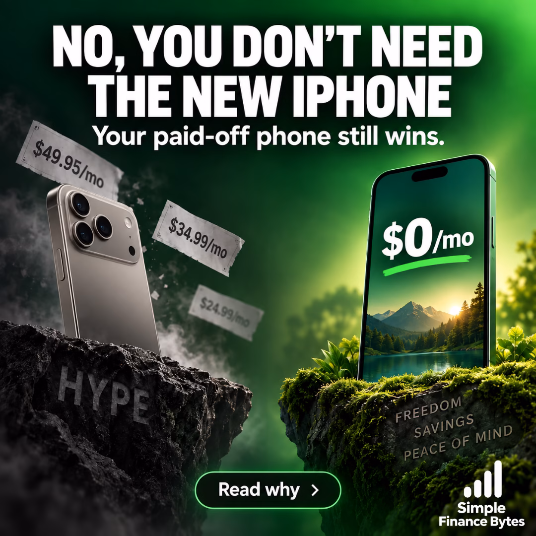 The new iPhone is here, but you probably don’t need it. Avoid financing future income, keep your paid-off phone, and buy renewed when needed.